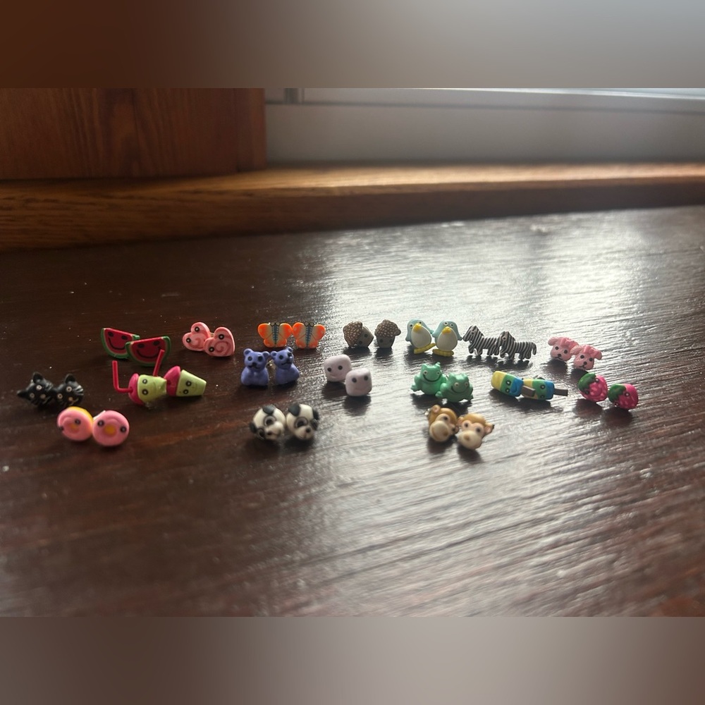 Colorful 17 pairs Animal and Fruit Kids Pierced Earrings Set